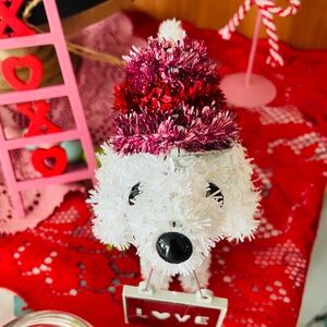 Festive Red and White Tinsel Dog Decor